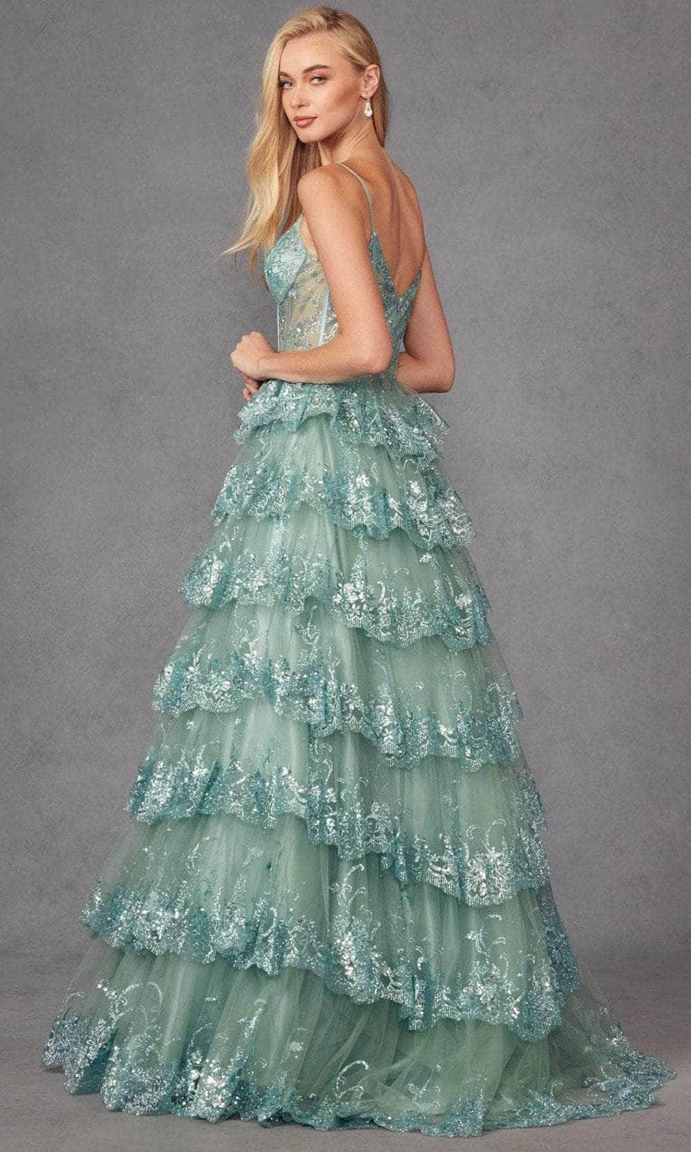 Juliet Dresses JT2454K - V-Neck Sheer Corset Prom Gown Evening Dresses