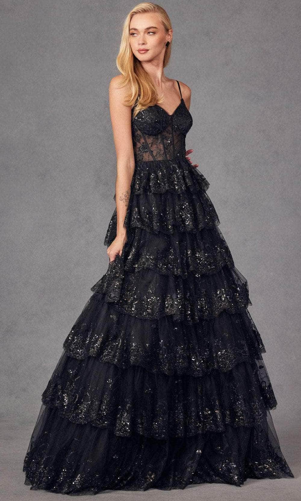 Juliet Dresses JT2454K - V-Neck Sheer Corset Prom Gown Evening Dresses