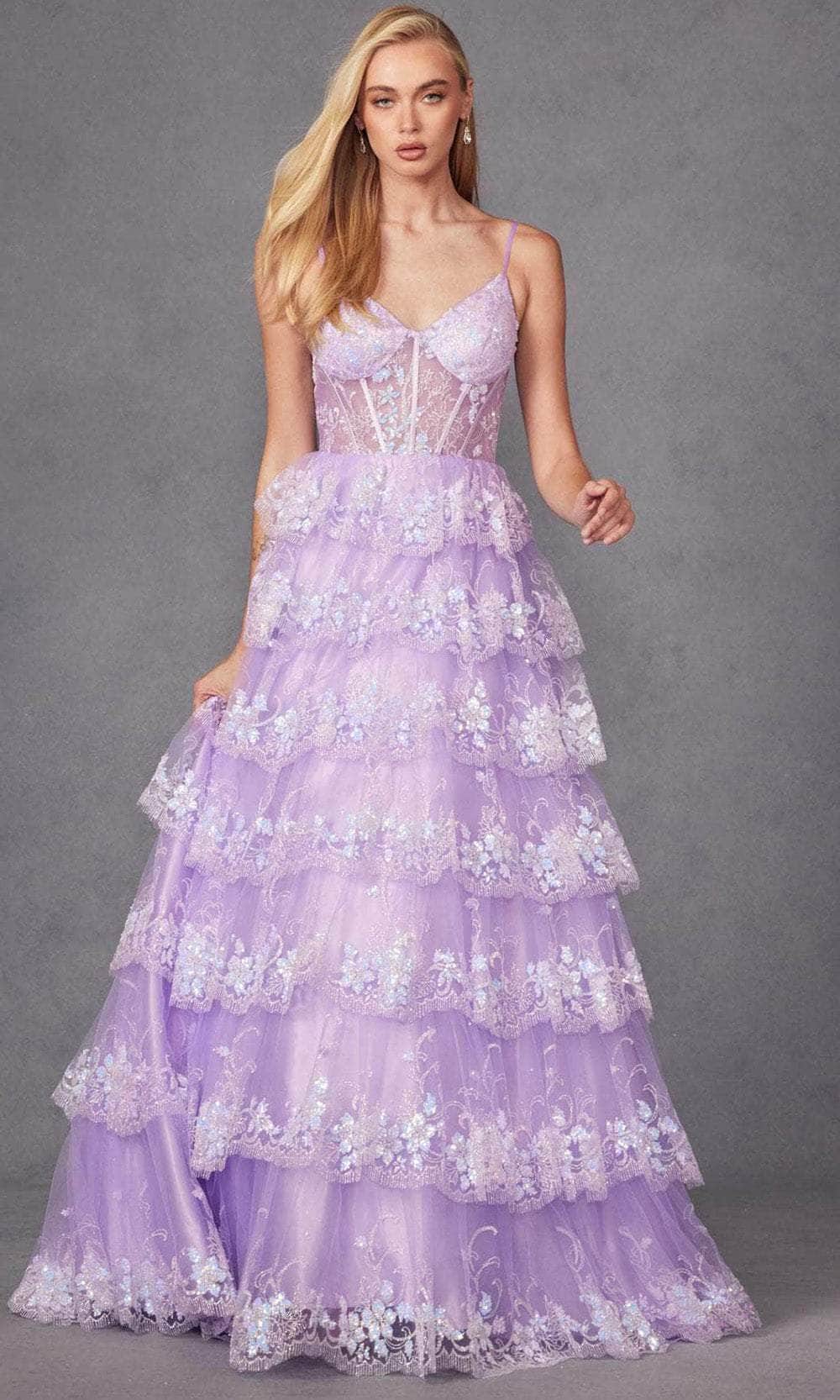 Juliet Dresses JT2454K - V-Neck Sheer Corset Prom Gown Evening Dresses XS / Lilac