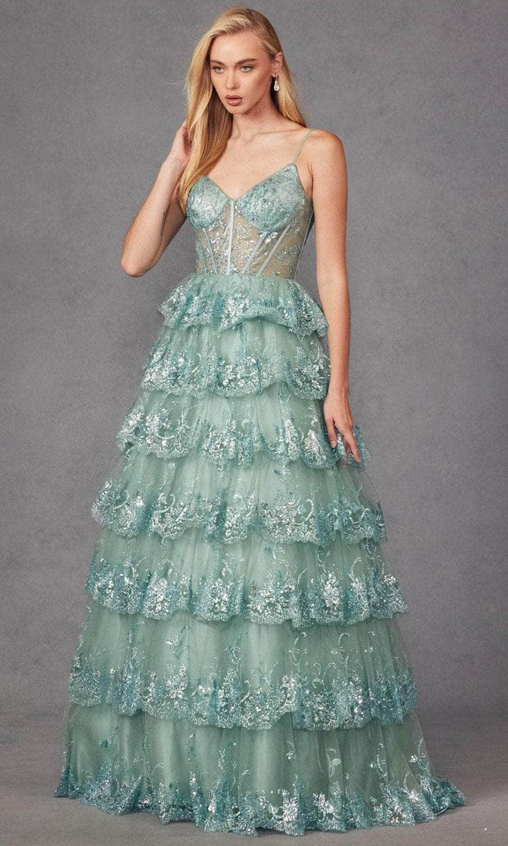 Juliet Dresses JT2454K - V-Neck Sheer Corset Prom Gown Evening Dresses XS / Sea Green