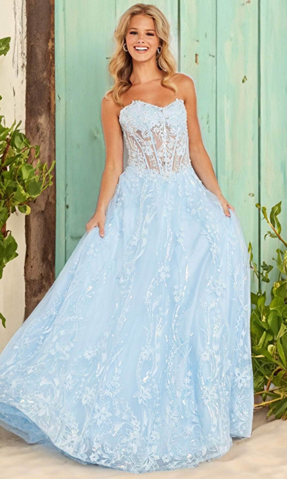JVN by Jovani JVN12254 - Long Ballgown Dress - Sheer Corset Bodice, Embroideries, Back Zipper Closure, Sequin Embellished 16 / Sky-Blue JVN by Jovani JVN12254 - Long Ballgown Dress - Sheer Corset Bodice, Embroideries, Back Zipper Closure, Sequin Embellished 16 / Sky-Blue