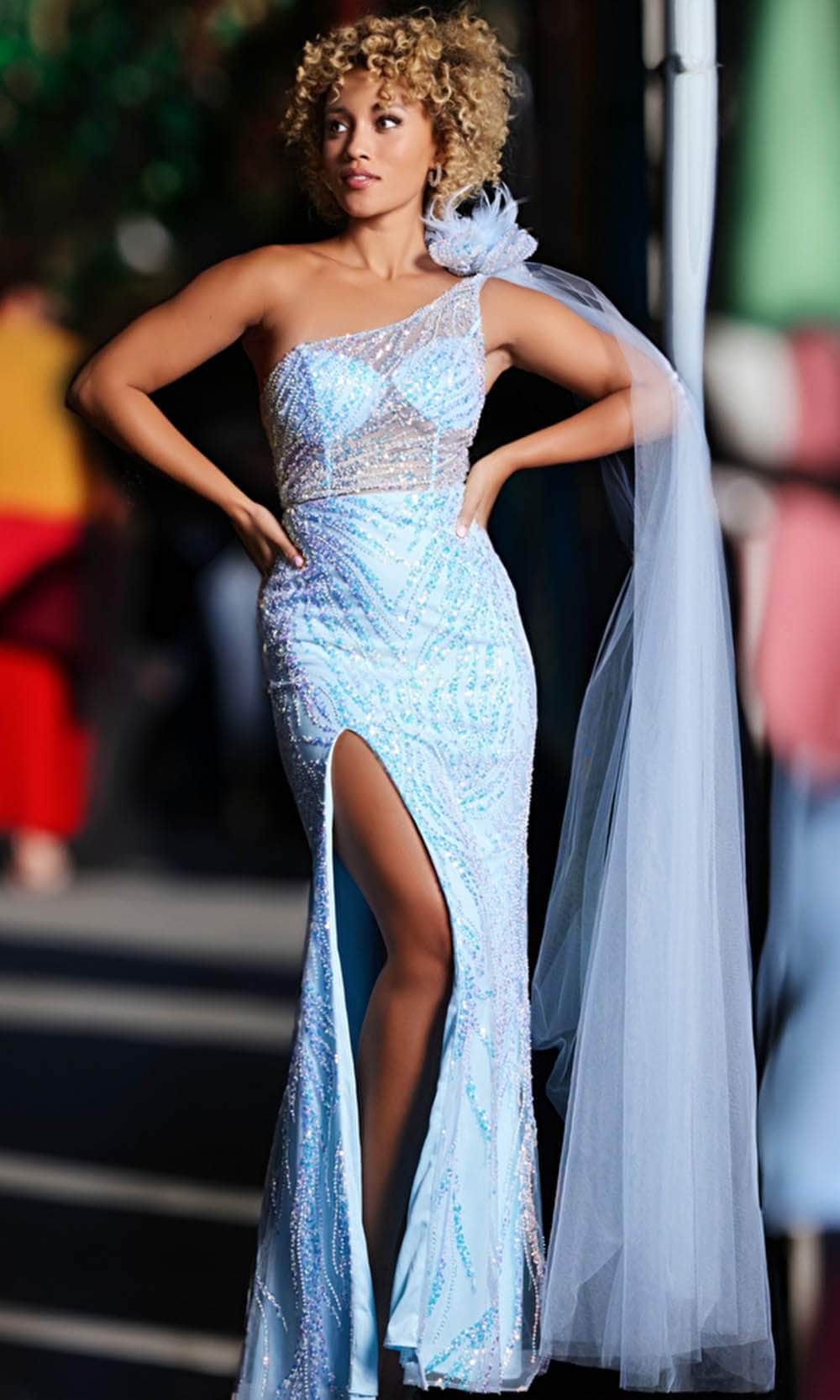 JVN by Jovani JVN39382 - Long Mesh Sheath Dress - One-Shoulder, Illusion Bodice, Visible Bra Cups, Feather Detailed Bow Accented, Slit, Long Tulle Tail, Pearl And Sequin Embellished ADASA JVN by Jovani JVN39382 - Long Mesh Sheath Dress - One-Shoulder, Illusion Bodice, Visible Bra Cups, Feather Detailed Bow Accented, Slit, Long Tulle Tail, Pearl And Sequin Embellished ADASA