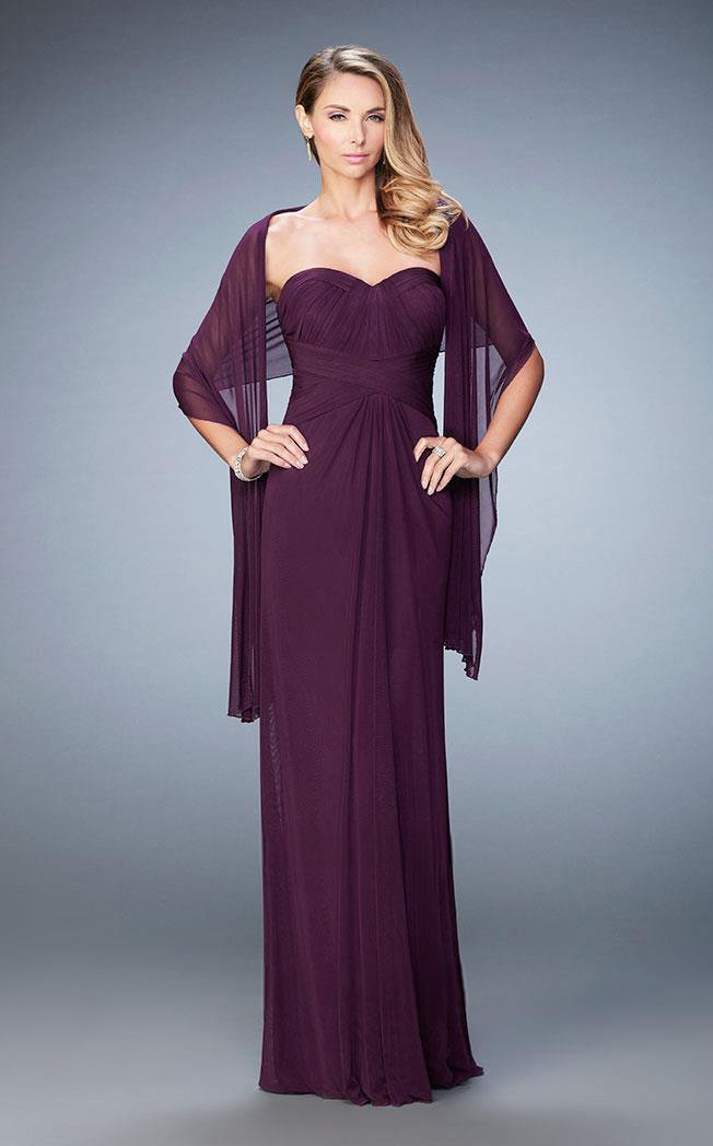 La Femme 23023 - Long Sheath Dress - Strapless, Pleated, Criss Cross Empire Waist, Full Length, Mid Open Back, Back Zipper, Shawl ADASA La Femme 23023 - Long Sheath Dress - Strapless, Pleated, Criss Cross Empire Waist, Full Length, Mid Open Back, Back Zipper, Shawl ADASA