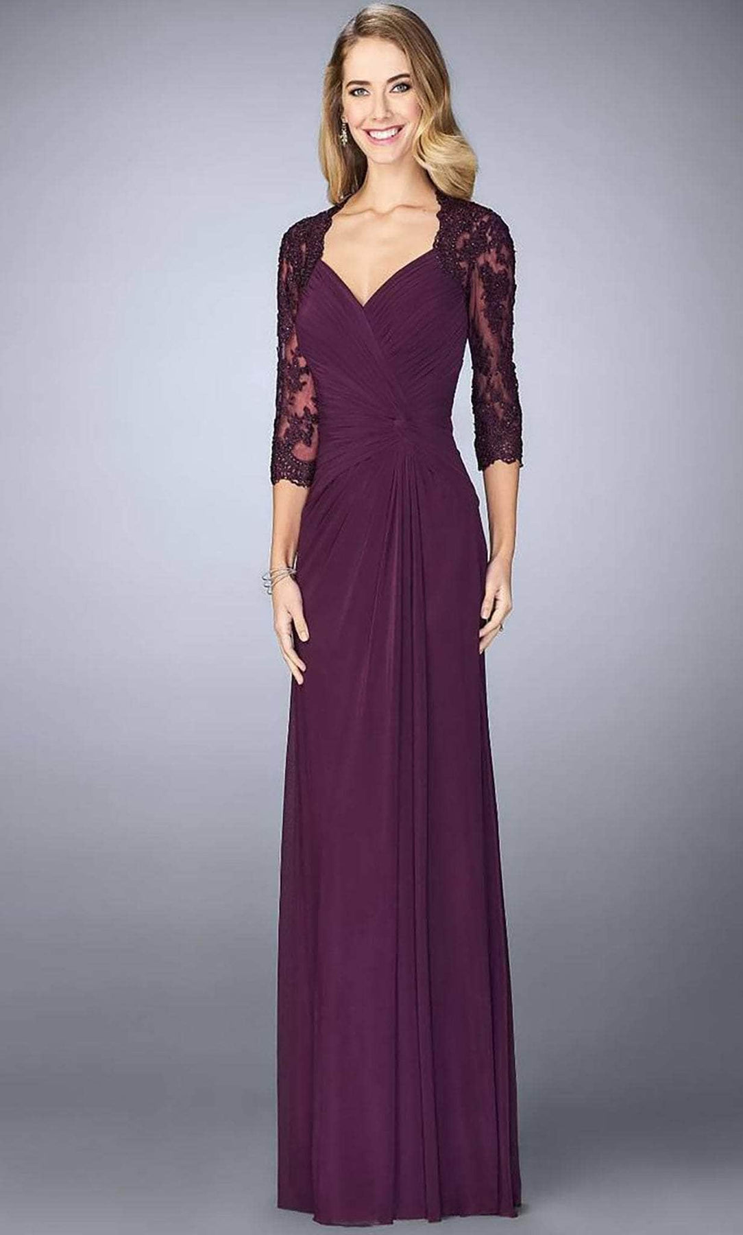 La Femme - 23244 Ruched V-Neck Column Dress Mother of the Bride Dresses 2 / Eggplant