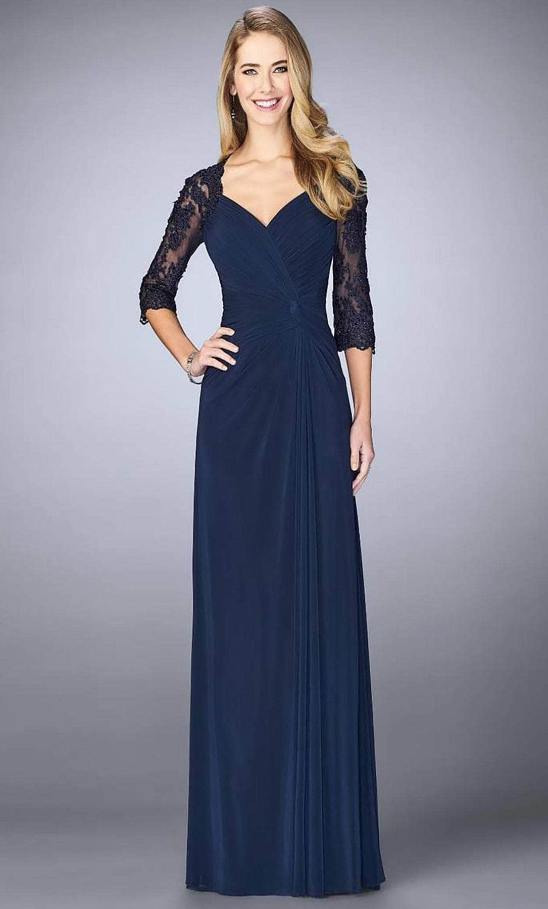 La Femme - 23244 Ruched V-Neck Column Dress Mother of the Bride Dresses 2 / Navy