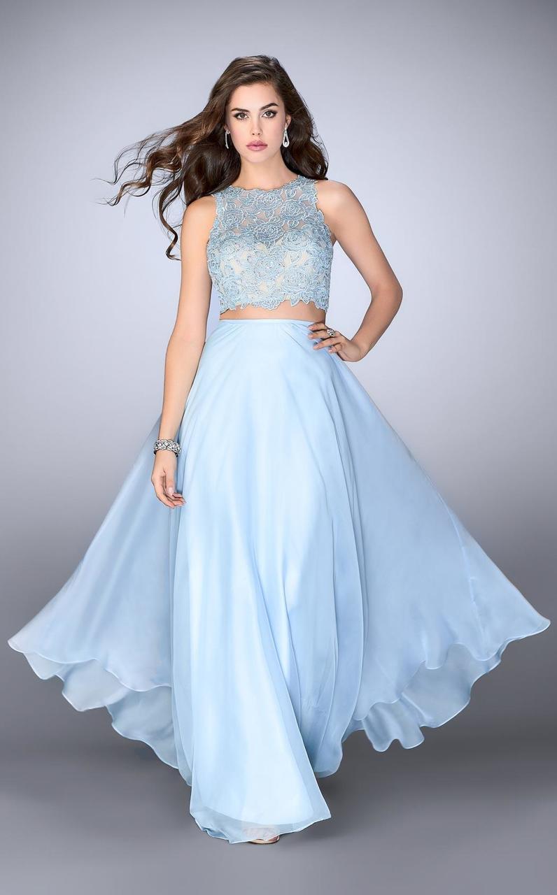 La Femme - 23775 Sleeveless Illusion Jewel Neck Two-piece Floral Laced Chiffon Dress Special Occasion Dress