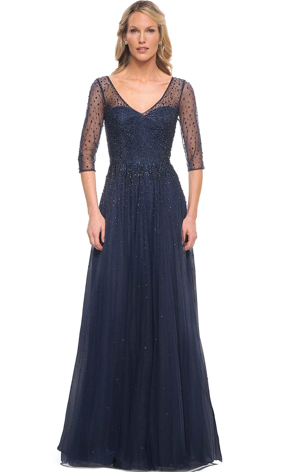 La Femme - 24894 Sheered and Sequined Evening Gown Evening Dresses 4 / Navy