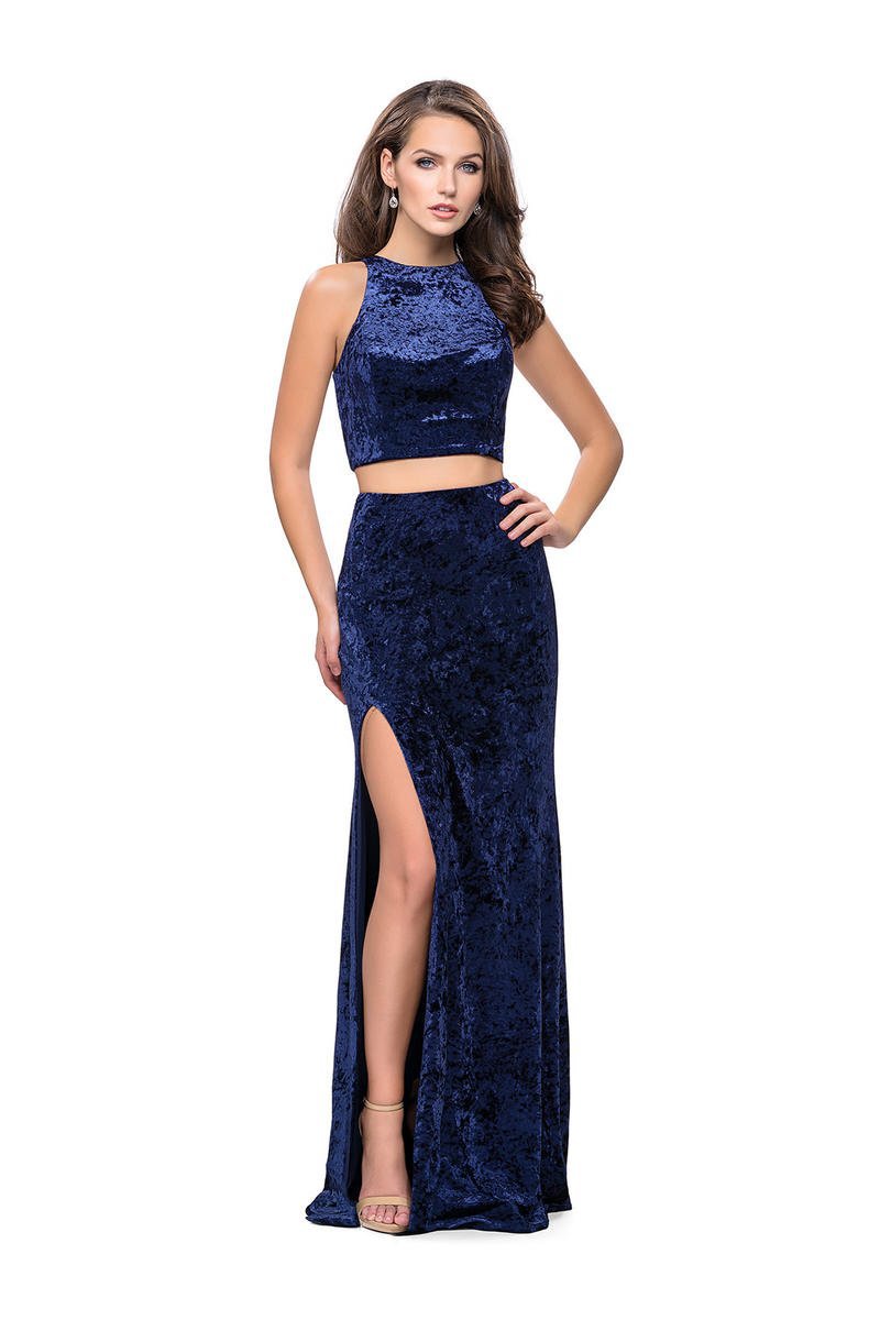 La Femme 25431 - Long Sheath Dress - Velvet, Fitted, Sleeveless, Two Piece, Side Slit, Floor Length, Strappy Open Back, Side Zipper Closure, Mini Train ADASA La Femme 25431 - Long Sheath Dress - Velvet, Fitted, Sleeveless, Two Piece, Side Slit, Floor Length, Strappy Open Back, Side Zipper Closure, Mini Train ADASA
