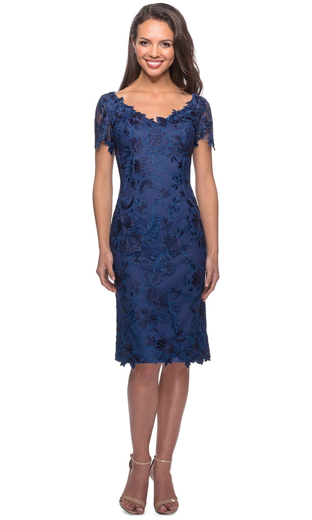 La Femme 25522 - Embellished Knee-Length Dress Cocktail Dresses 4 / Navy