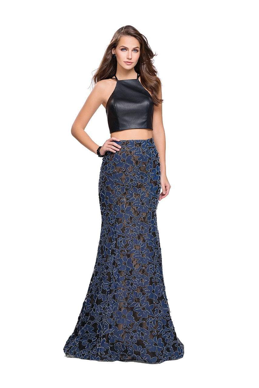 La Femme - 25602 Strappy Two Piece Halter Leather and Denim Gown Special Occasion Dress