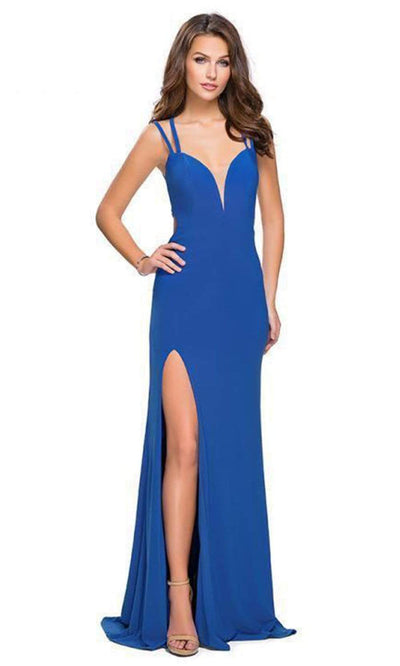 La Femme - 25648 Plunging Sweetheart Crisscross Strapped Gown Evening Dresses 00 / Sapphire Blue