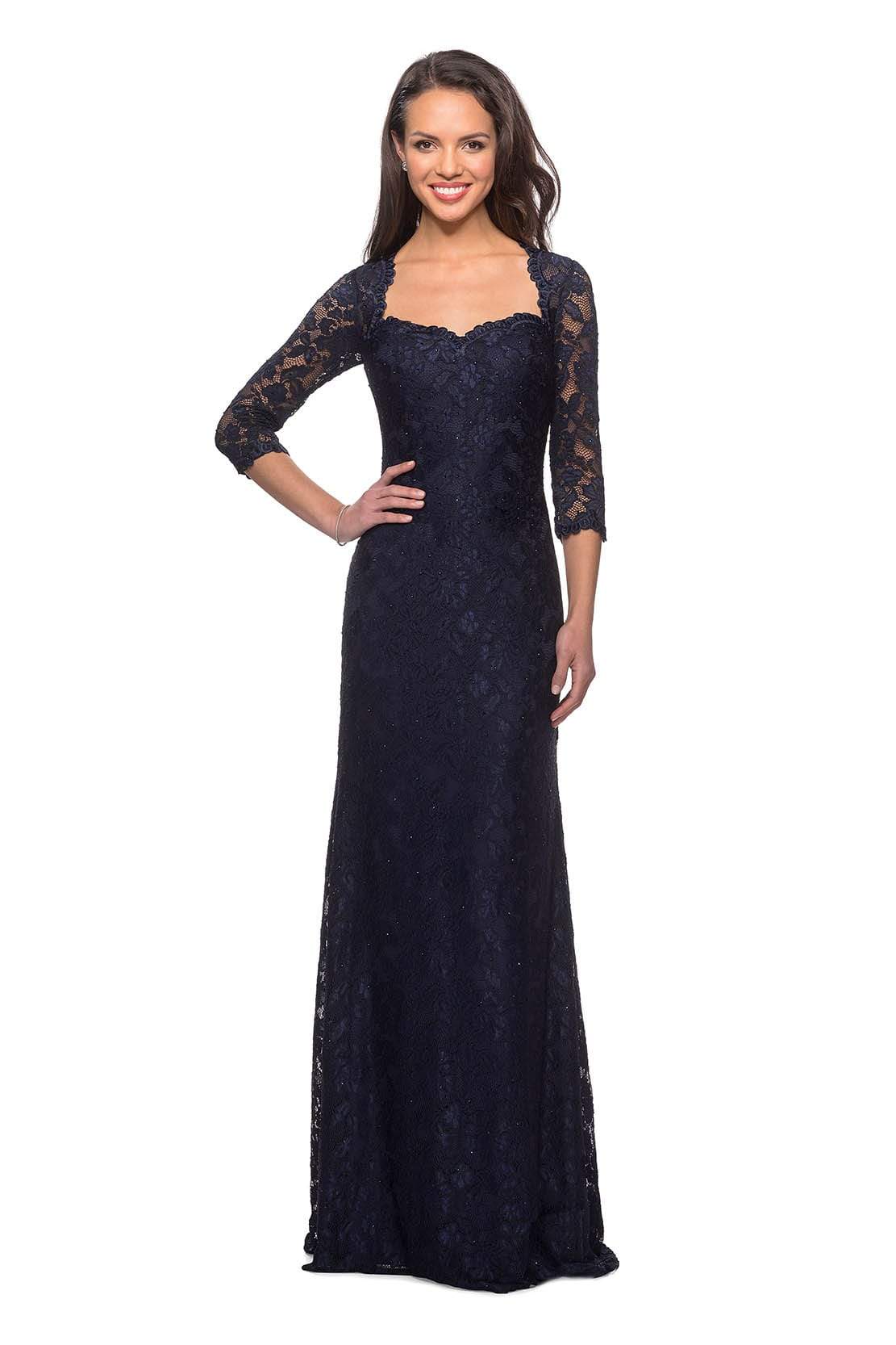 La Femme - 26427 Floral Lace Sheer Quarter Sleeve Sheath Gown Mother of the Bride Dresses 4 / Navy