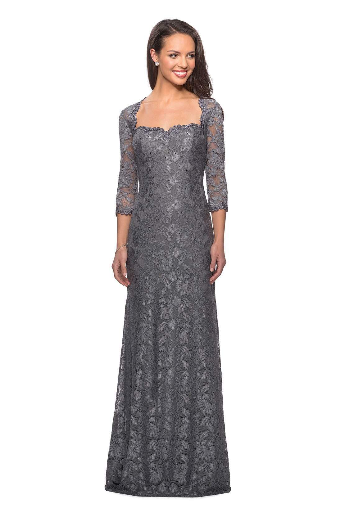 La Femme - 26427 Floral Lace Sheer Quarter Sleeve Sheath Gown Mother of the Bride Dresses 4 / Platinum