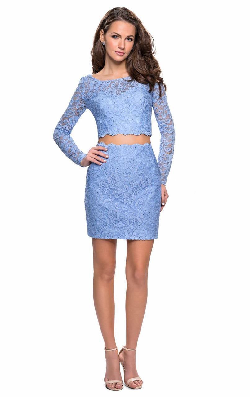 La Femme 26767 - Short Sheath Dress - Sheer Neckline and Long Sleeves, Beaded Lace, Scalloped Midriff, Mid-Thigh, Sheer Full Back, Back Zipper Closure La Femme 26767 - Short Sheath Dress - Sheer Neckline and Long Sleeves, Beaded Lace, Scalloped Midriff, Mid-Thigh, Sheer Full Back, Back Zipper Closure