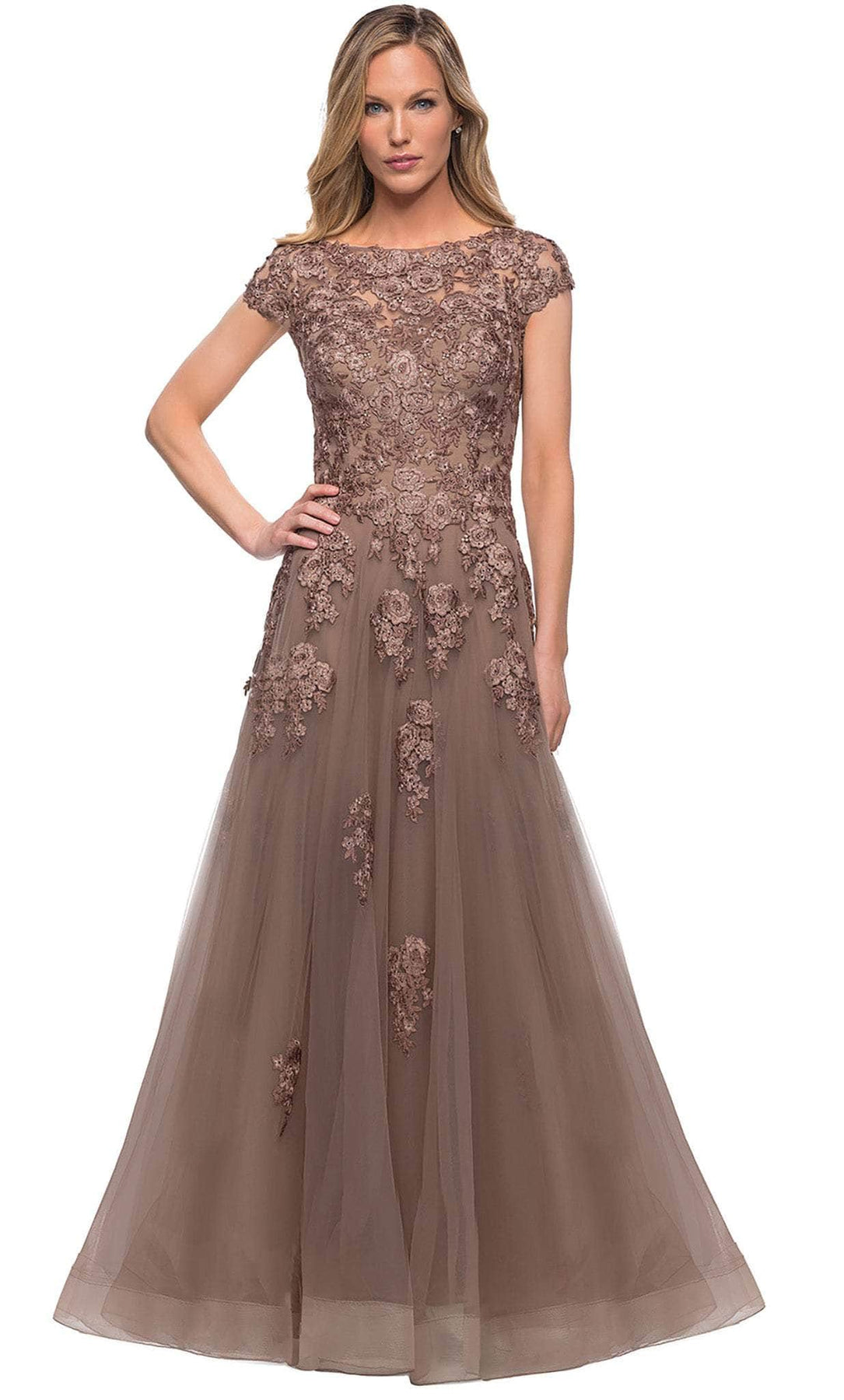 La Femme - 26907 Lace Applique Bateau A-line Dress Mother of the Bride Dresses 4 / Cocoa