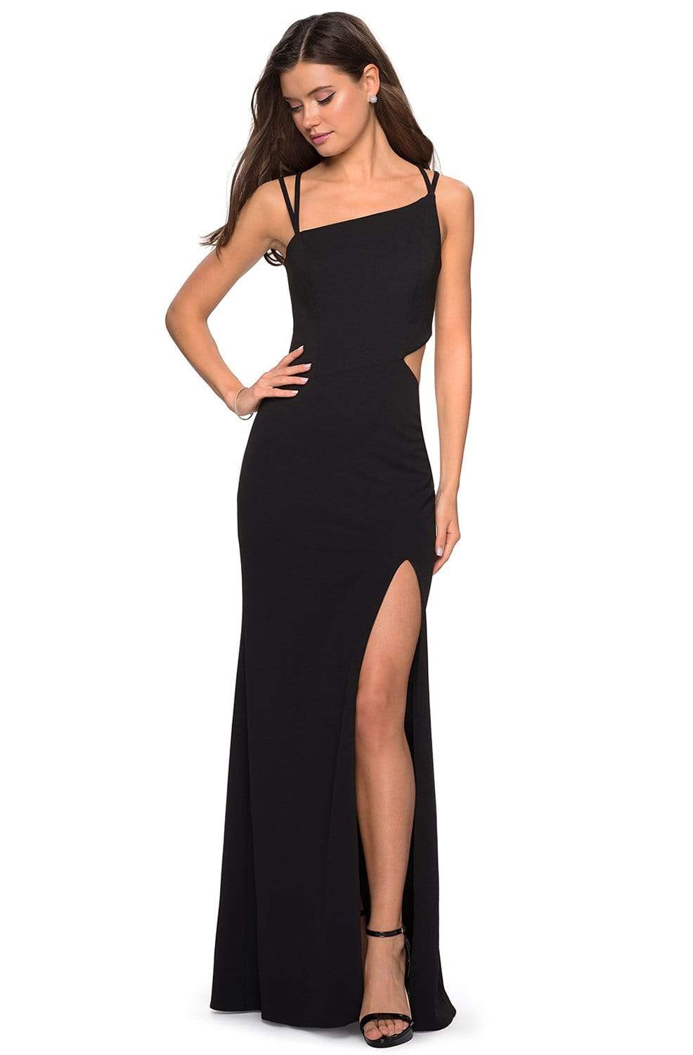 La Femme - 27126 Asymmetrical Neckline Strappy Jersey Evening Dress Evening Dresses 00 / Black