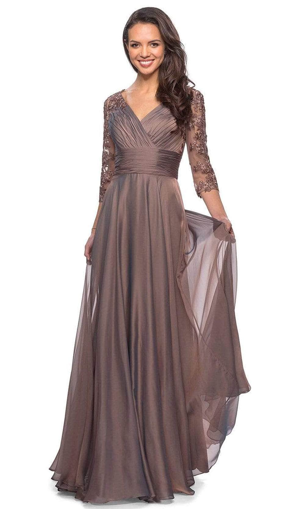 La Femme 27153 - Long A Line Dress - Chiffon Fabric, Three Quarter Length Sleeves, Floral Lace, Ruched Bodice, Back Zipper Closure, Fully Lined 6 / La Femme 27153 - Long A Line Dress - Chiffon Fabric, Three Quarter Length Sleeves, Floral Lace, Ruched Bodice, Back Zipper Closure, Fully Lined 6 /
