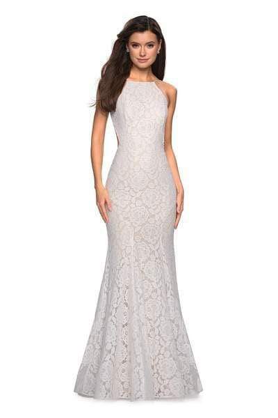 La Femme - 27289 Jewel Studded Lace Trumpet Gown Special Occasion Dress 00 / White