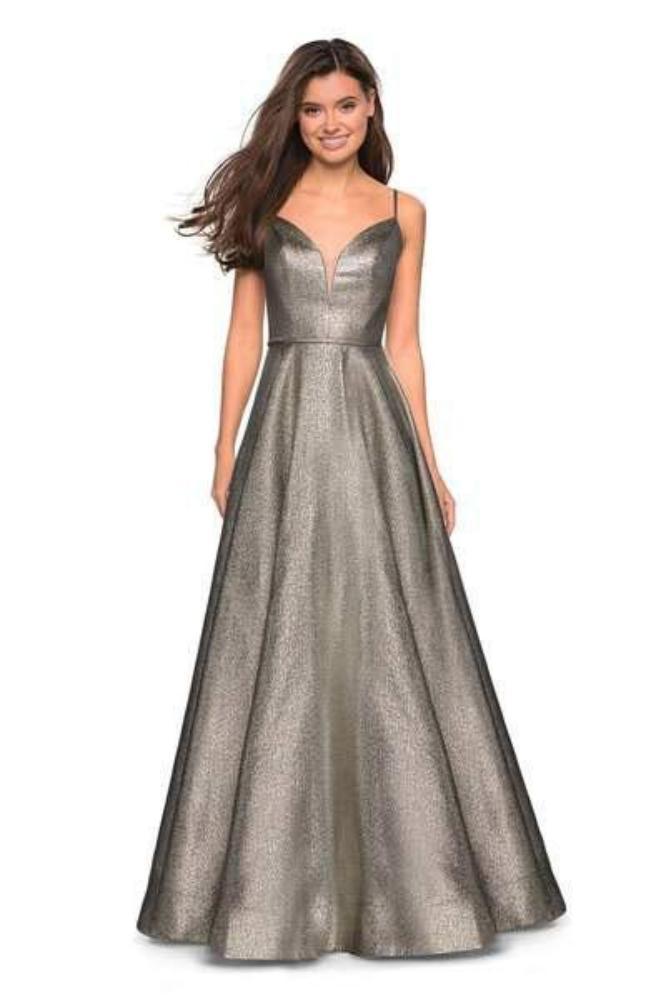 Sequin Dress Gunmetal Formal Dress La Femme 27322 Sweetheart Pleated  Ballgown 27322 Long Metallic Ballgown Dress Seamed Bodice, Sleeveless,  Spaghetti Straps, Fitted, Sheer Inset Detail At The Bust, ...
