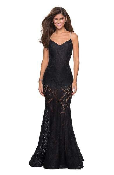 La Femme - 27584 V-neck Stretch Lace Trumpet Dress Special Occasion Dress 00 / Black