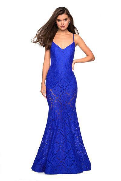 La Femme - 27584 V-neck Stretch Lace Trumpet Dress Special Occasion Dress 00 / Electric Blue