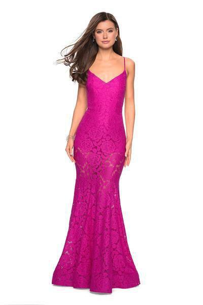 La Femme - 27584 V-neck Stretch Lace Trumpet Dress Special Occasion Dress 00 / Hot Pink