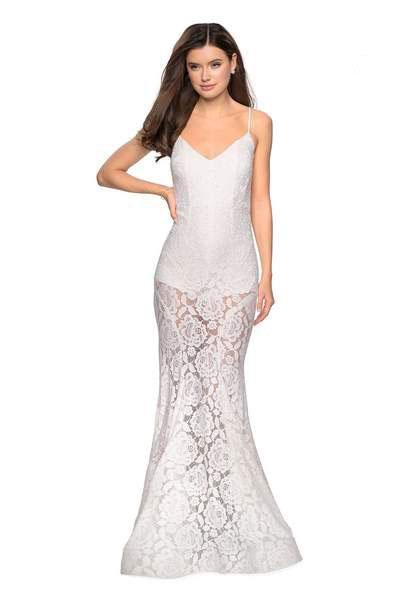 La Femme - 27584 V-neck Stretch Lace Trumpet Dress Special Occasion Dress 00 / Ivory