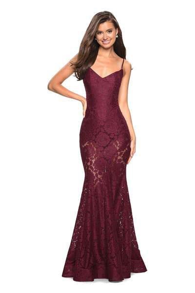 La Femme - 27584 V-neck Stretch Lace Trumpet Dress Special Occasion Dress 00 / Wine