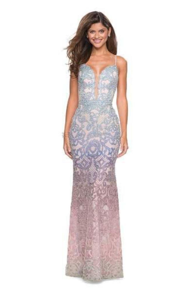 La Femme 27609 - Ombre Beaded Trumpet Dress 27609 - Long Beaded Trumpet Dress - Sleeveless, Plunging Neckline, Sheer Inset, Beading, Ombre, Fitted Bodice, Trumpet Skirt, Strappy Back, Back Zipper ADASA La Femme 27609 - Ombre Beaded Trumpet Dress 27609 - Long Beaded Trumpet Dress - Sleeveless, Plunging Neckline, Sheer Inset, Beading, Ombre, Fitted Bodice, Trumpet Skirt, Strappy Back, Back Zipper ADASA