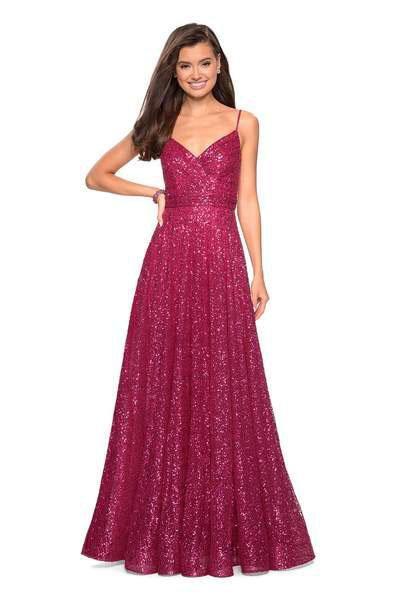 La Femme - 27747 Sequined V-neck A-line Dress Special Occasion Dress 00 / Fuchsia