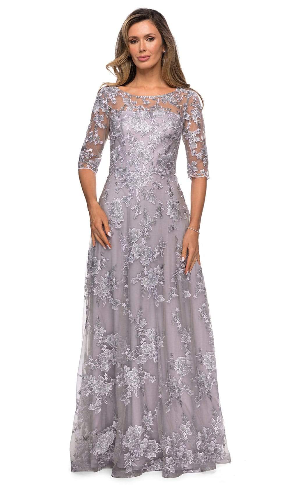 La Femme 27854 - Long A Line Dress - Lace, Lace, Quarter Sleeves, Embroidery, Illusion Back, Back Zipper Closure, Modest, A-Line, Flowy, Natural Waist La Femme 27854 - Long A Line Dress - Lace, Lace, Quarter Sleeves, Embroidery, Illusion Back, Back Zipper Closure, Modest, A-Line, Flowy, Natural Waist