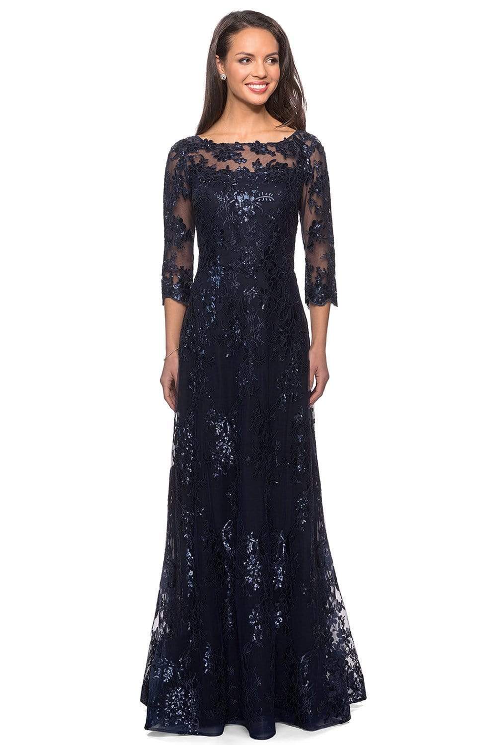 La Femme 27885 - Long A Line Dress - Sheer Quarter Length Sleeves, Lace, Back Zipper, A-Line Skirt 8 / Cocoa La Femme 27885 - Long A Line Dress - Sheer Quarter Length Sleeves, Lace, Back Zipper, A-Line Skirt 8 / Cocoa