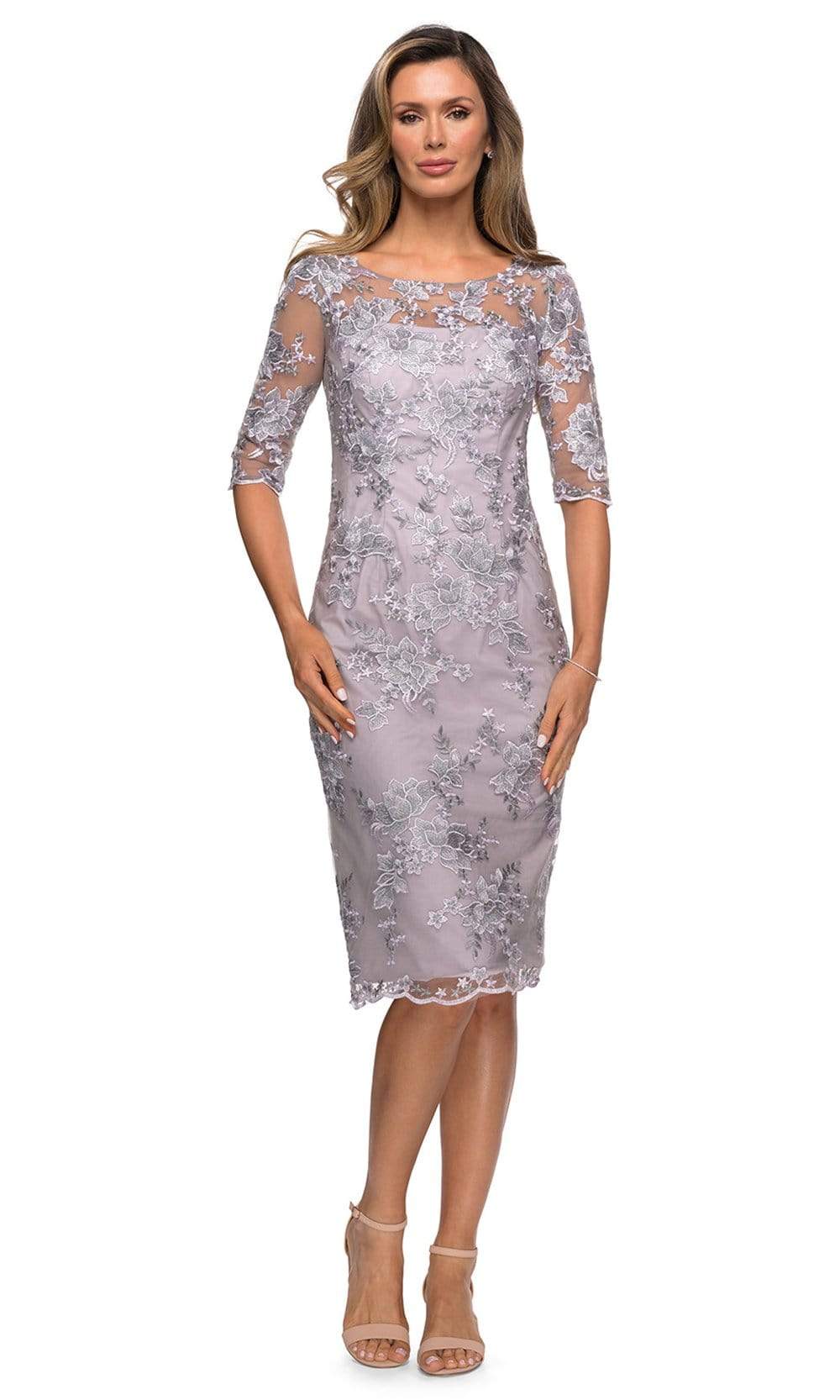 Lavender/Gray La Femme - 27895 Lace Applique Sheath Short Dress | Knee Length Sheath Dress Lavender/Gray La Femme - 27895 Lace Applique Sheath Short Dress | Knee Length Sheath Dress