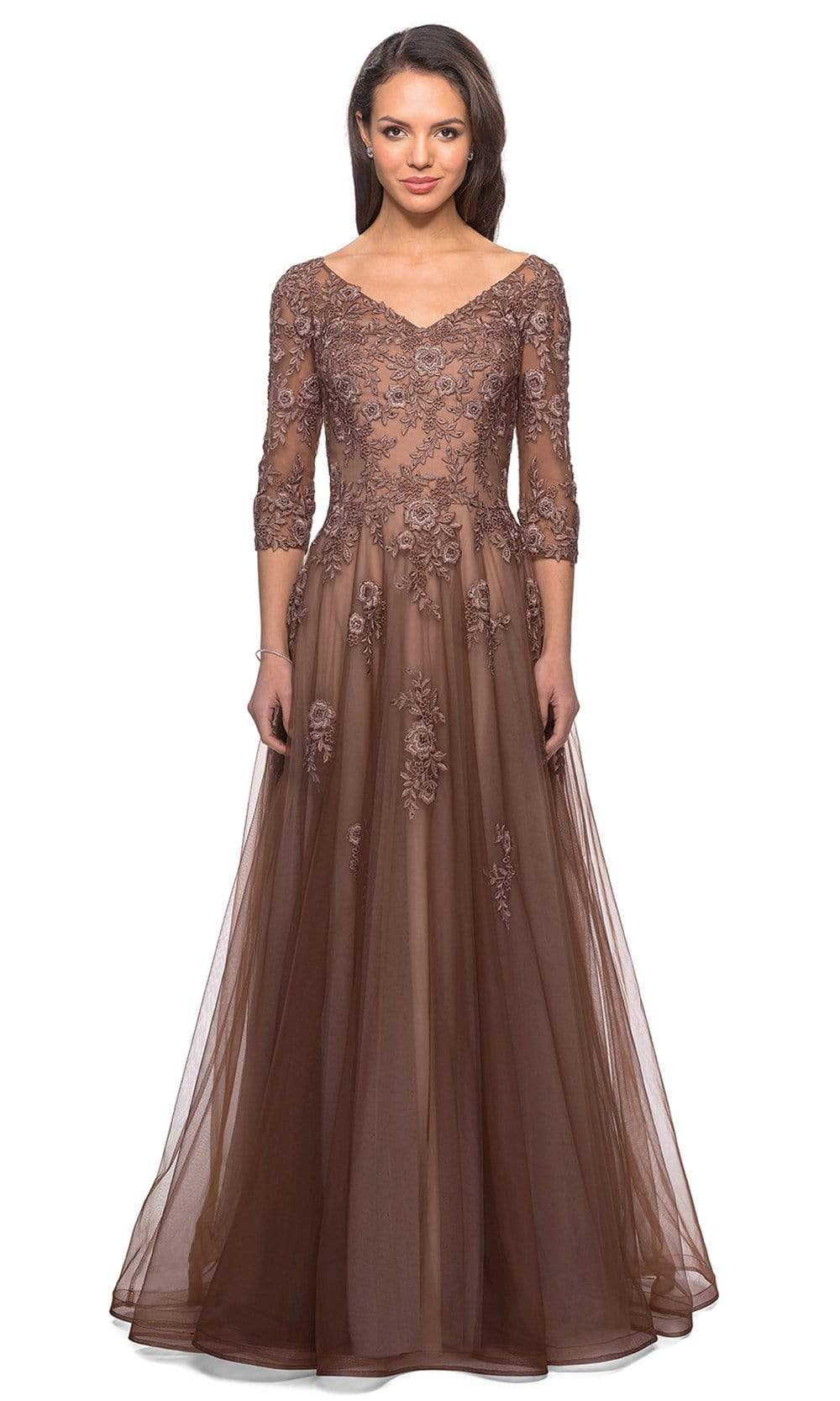 La Femme - 27908 Floral Lace V-Neck A-line Gown Mother of the Bride Dresses