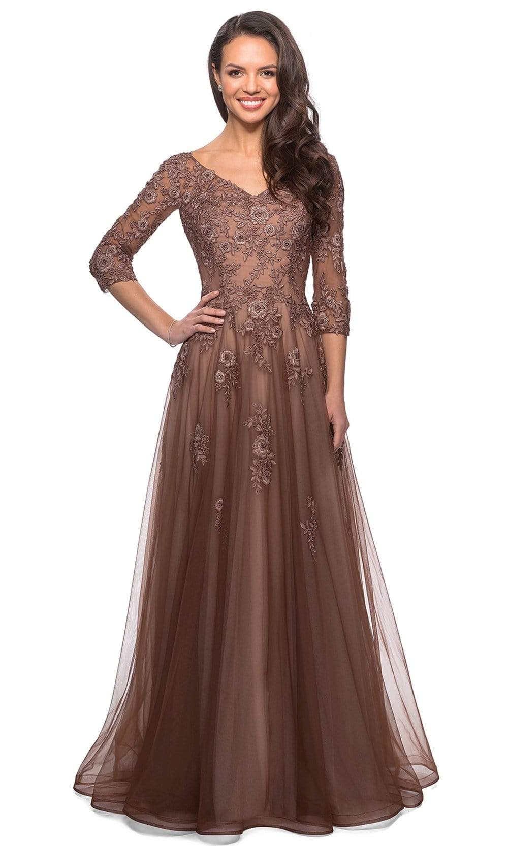 La Femme - 27908 Floral Lace V-Neck A-line Gown Mother of the Bride Dresses 4 / Cocoa