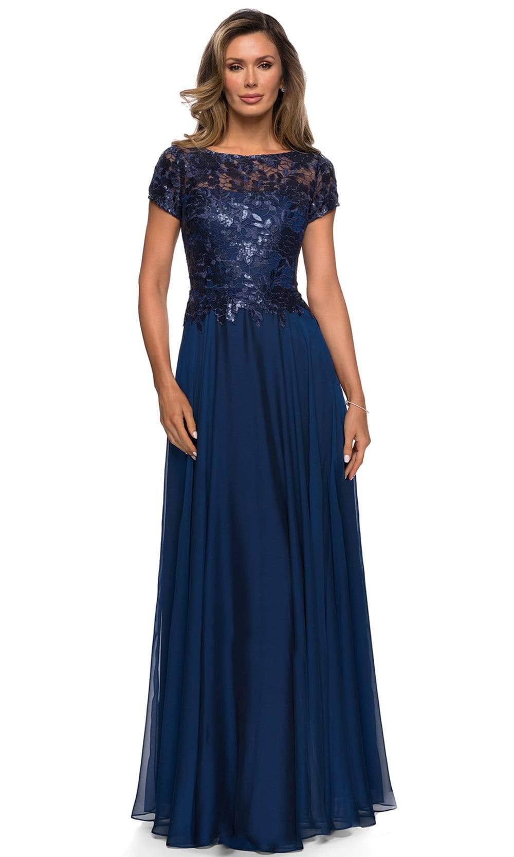 Navy La Femme - 27924 Short Sleeve Illusion Lace Chiffon Dress | Long A-Line Dress Navy La Femme - 27924 Short Sleeve Illusion Lace Chiffon Dress | Long A-Line Dress