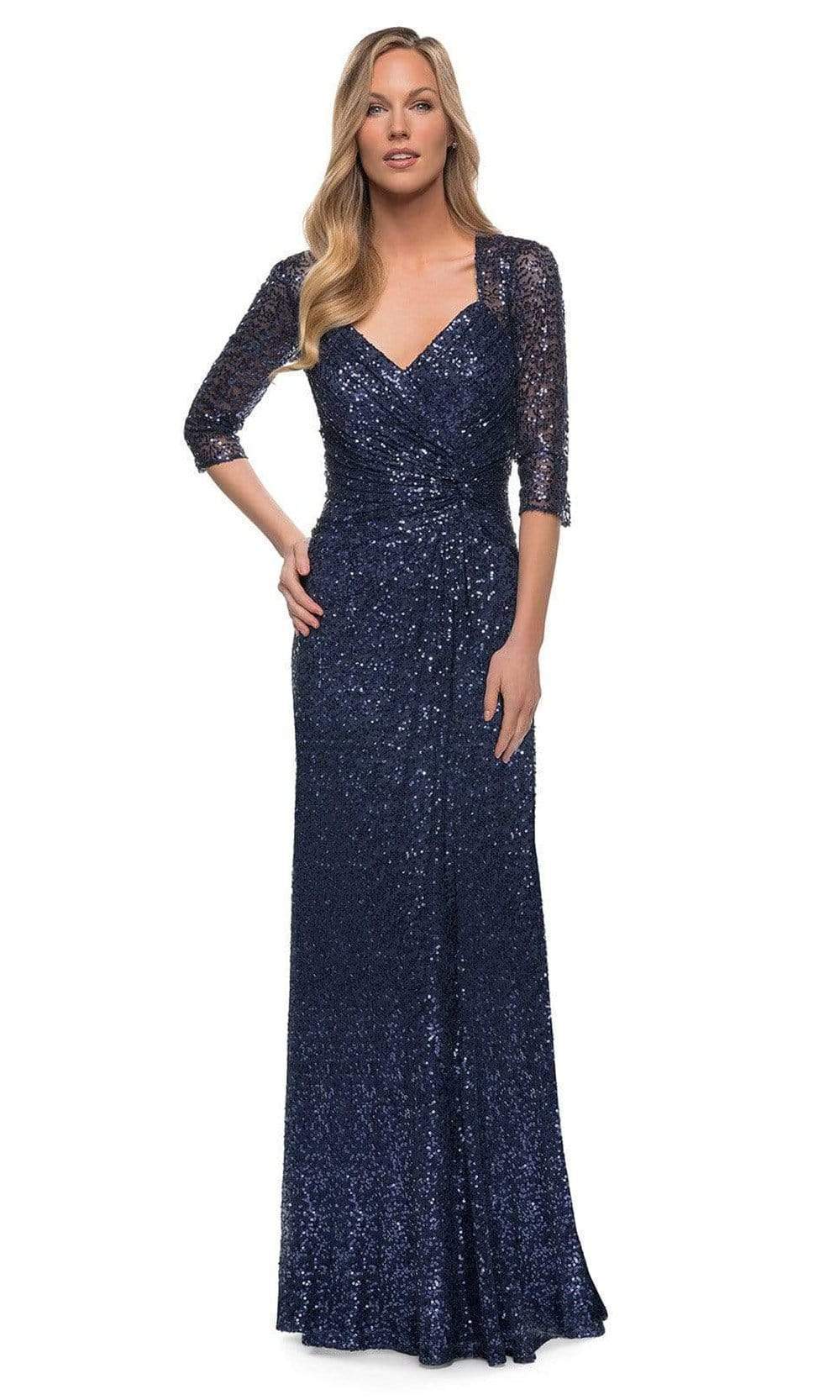 La Femme - 27930 V-Neck Sequin Embellished Dress Mother of the Bride Dresses 4 / Navy