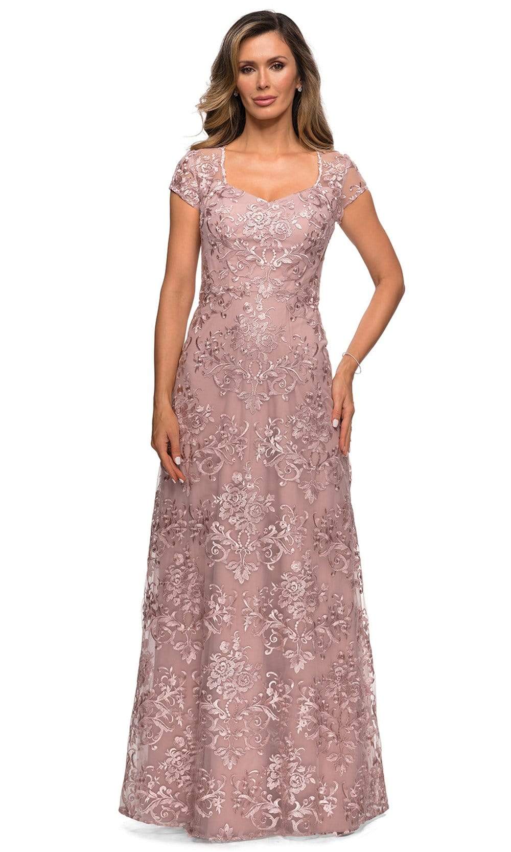 Mauve La Femme - 27951 Embroidered V Neck Fitted Dress | Long Sheath Dress Mauve La Femme - 27951 Embroidered V Neck Fitted Dress | Long Sheath Dress