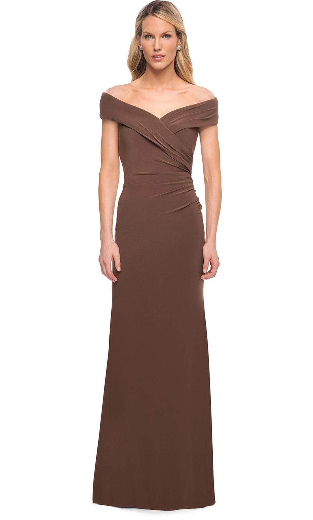 La Femme - 27959 Pleat-Ornate Off Shoulder Jersey Dress Mother of the Bride Dresses 2 / Cocoa
