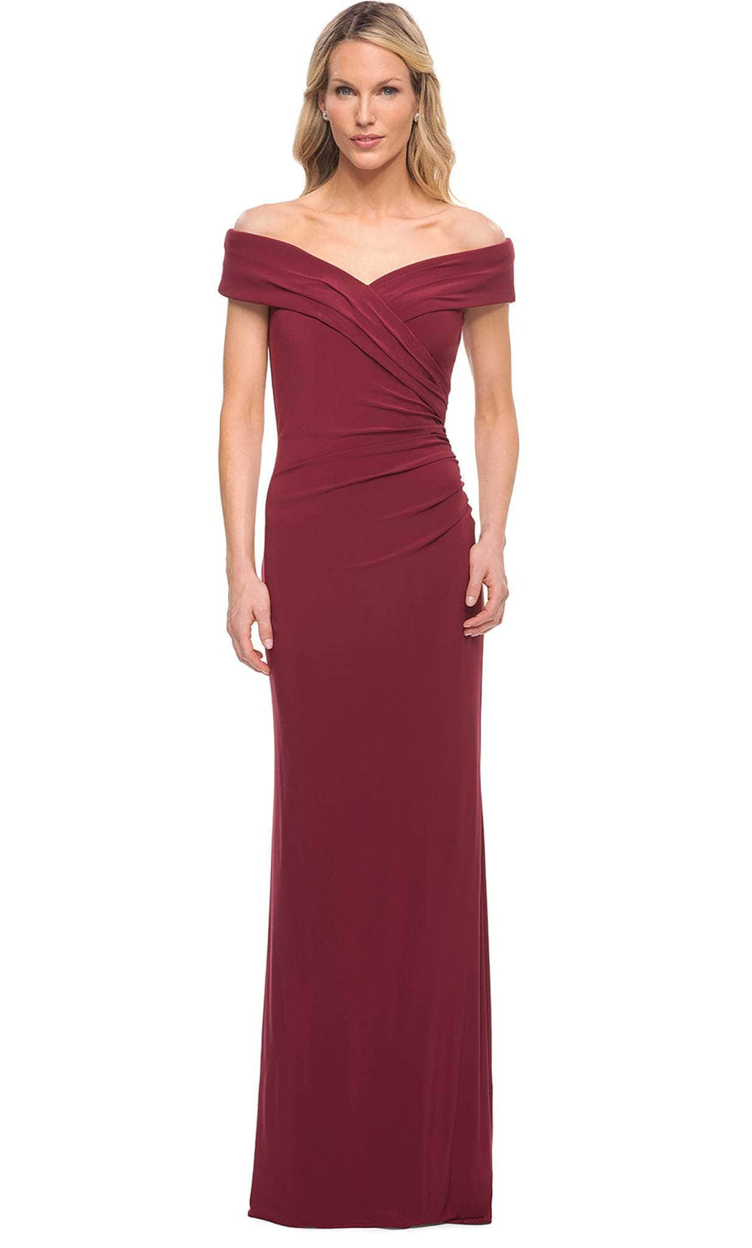 La Femme - 27959 Pleat-Ornate Off Shoulder Jersey Dress Mother of the Bride Dresses 2 / Wine
