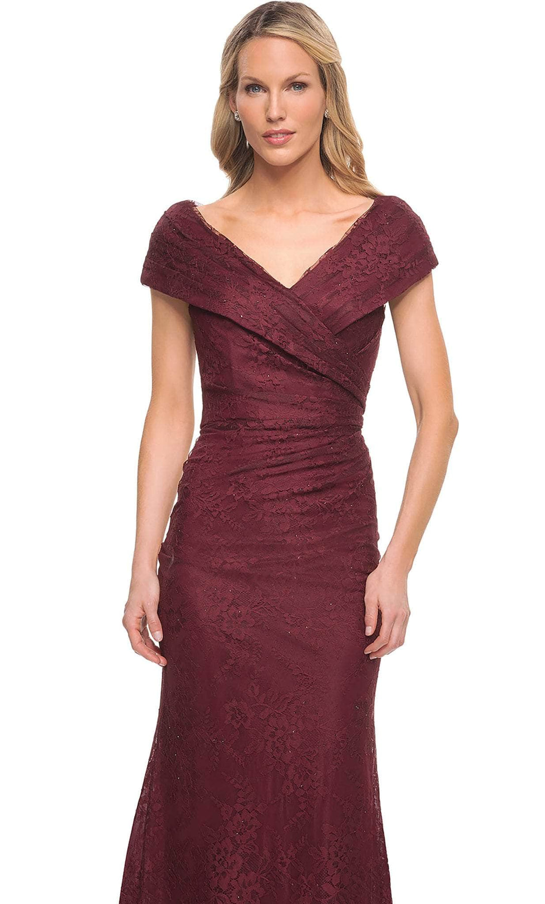 La Femme - 27982 V Neck Off Shoulder Knit Lace Sheath Long Dress Mother of the Bride Dresses