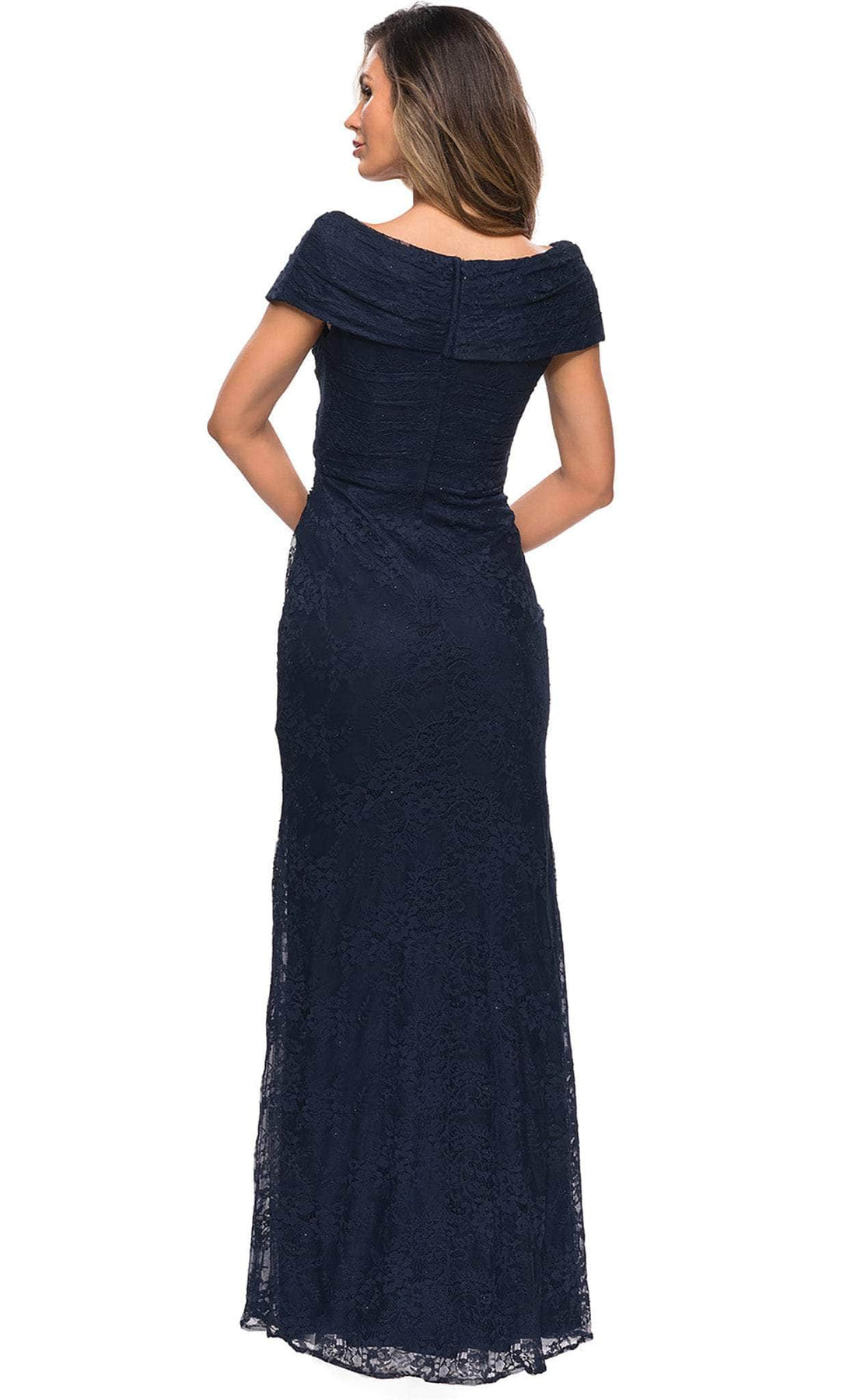 La Femme - 27982 V Neck Off Shoulder Knit Lace Sheath Long Dress Mother of the Bride Dresses
