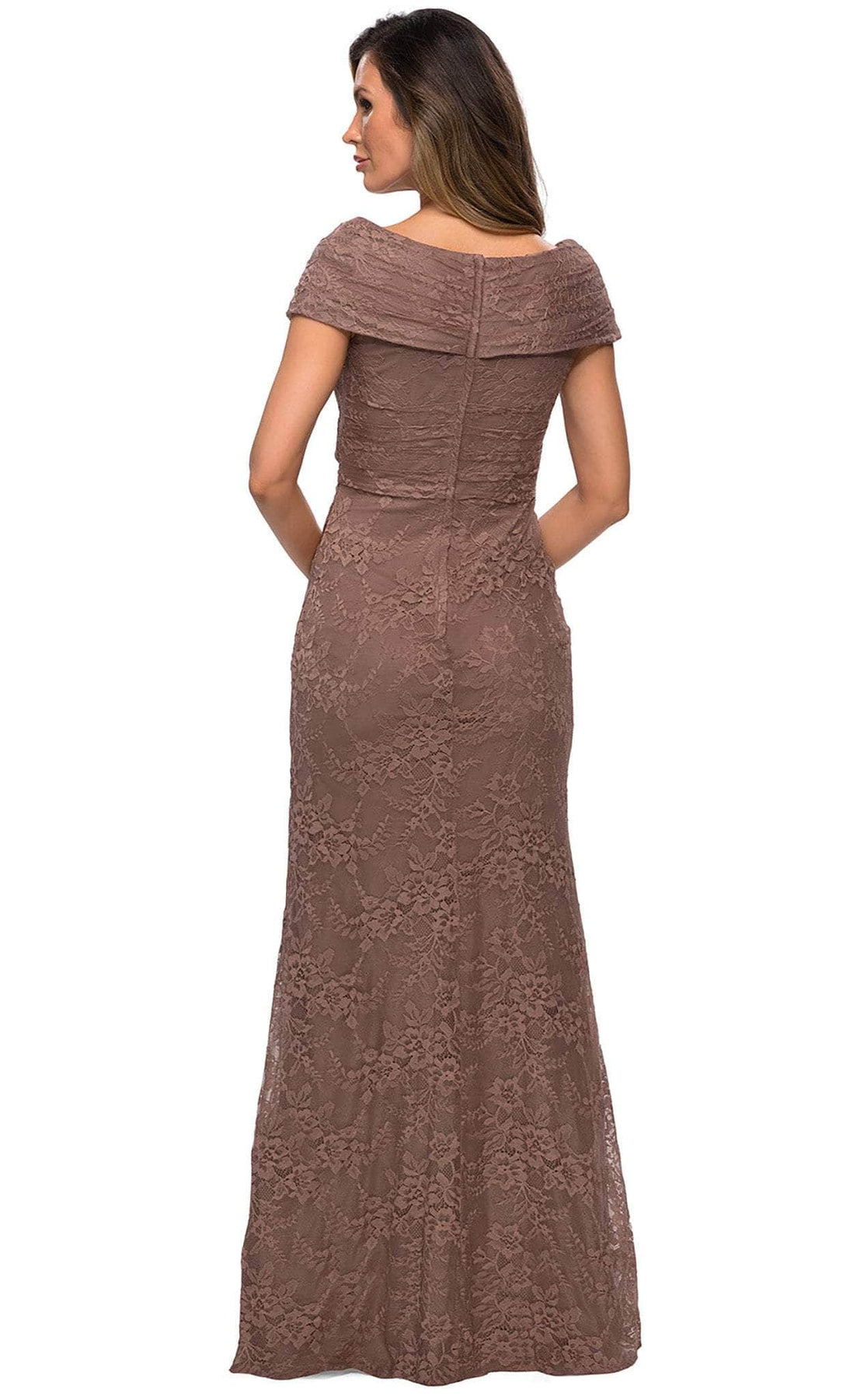 La Femme - 27982 V Neck Off Shoulder Knit Lace Sheath Long Dress Mother of the Bride Dresses