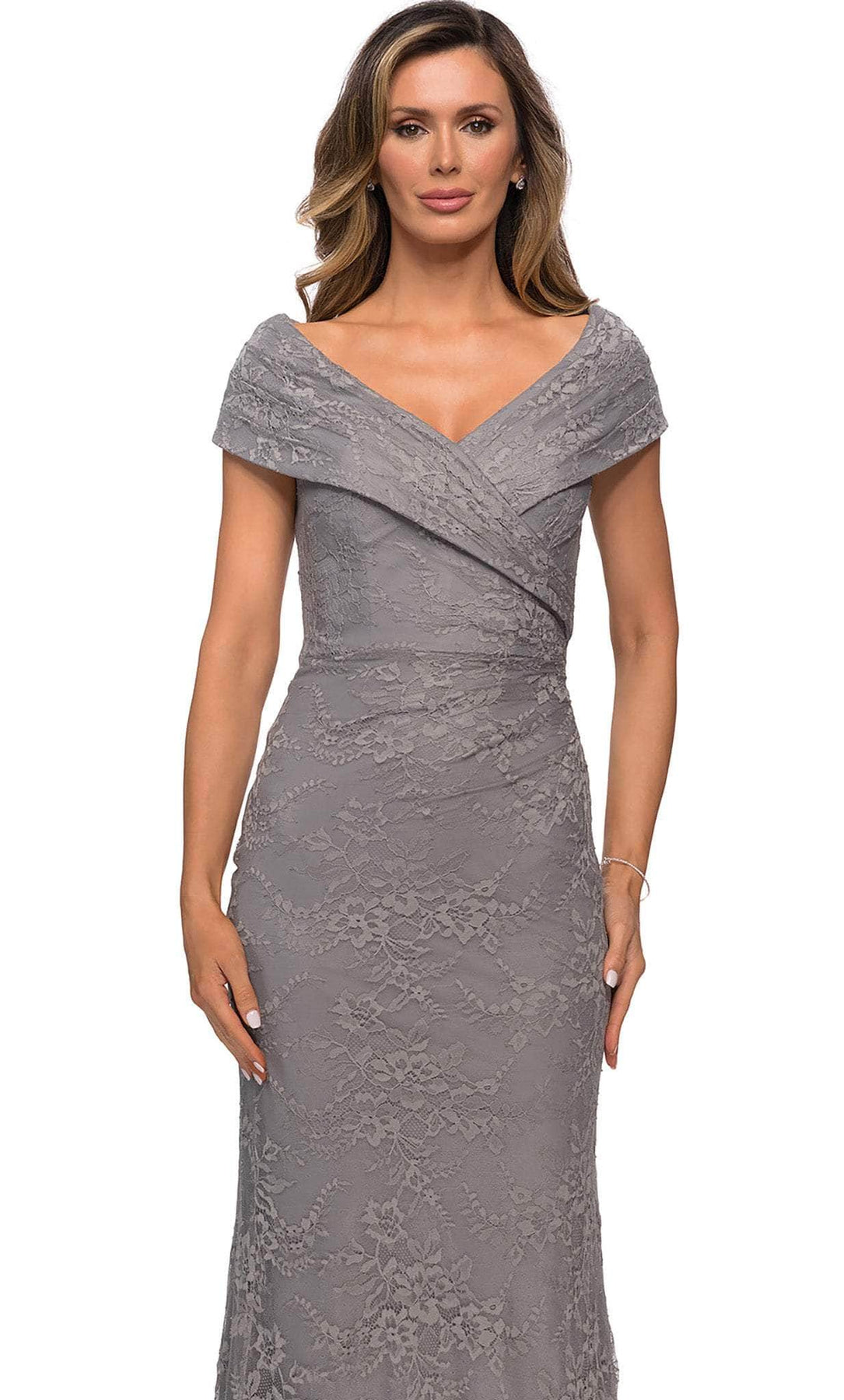 La Femme - 27982 V Neck Off Shoulder Knit Lace Sheath Long Dress Mother of the Bride Dresses