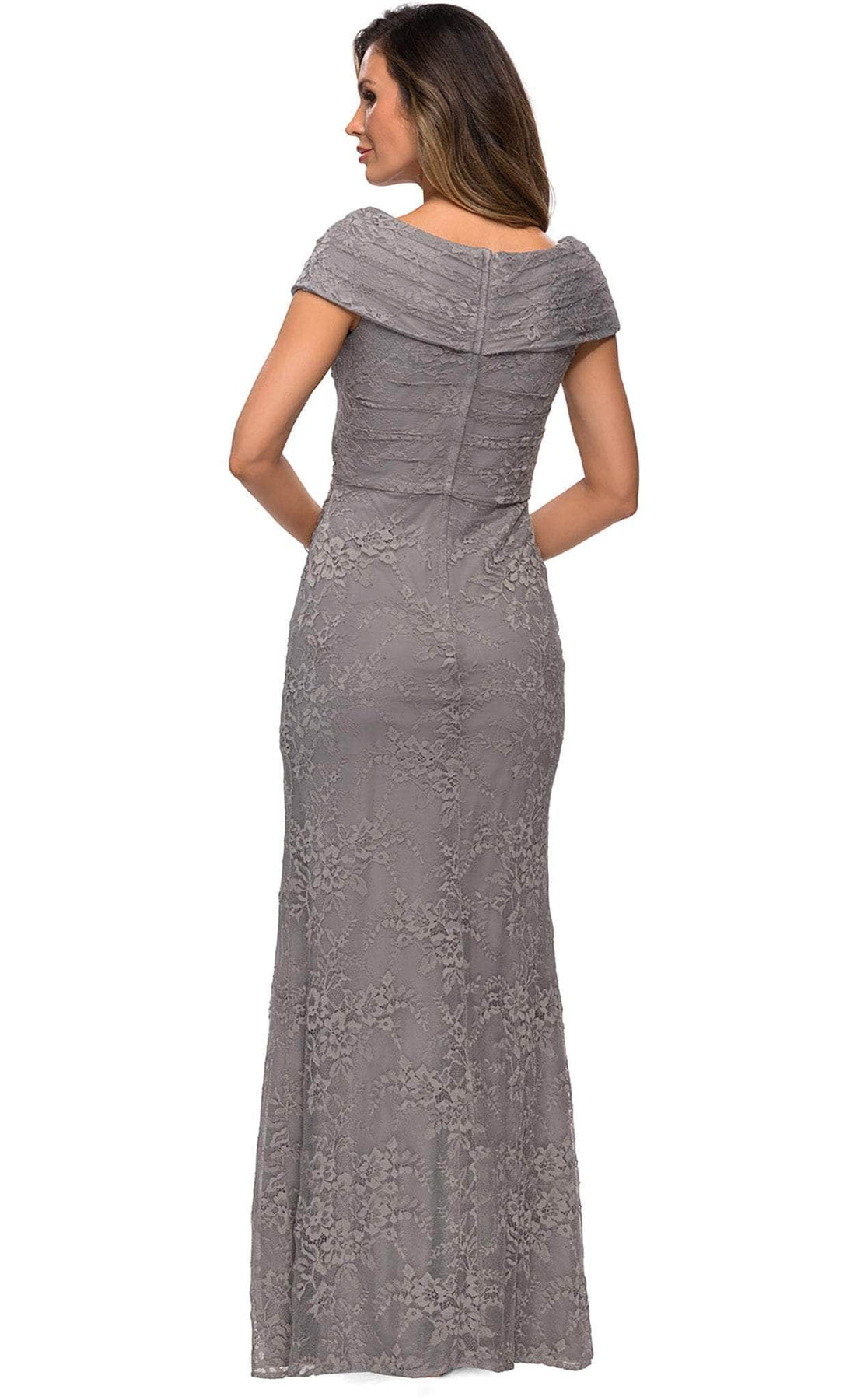 La Femme - 27982 V Neck Off Shoulder Knit Lace Sheath Long Dress Mother of the Bride Dresses