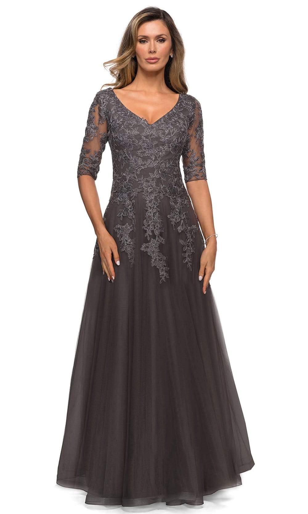 gunmetal grey long dress RELIGION Tanzanite Grey Shimmer Maxi Dress