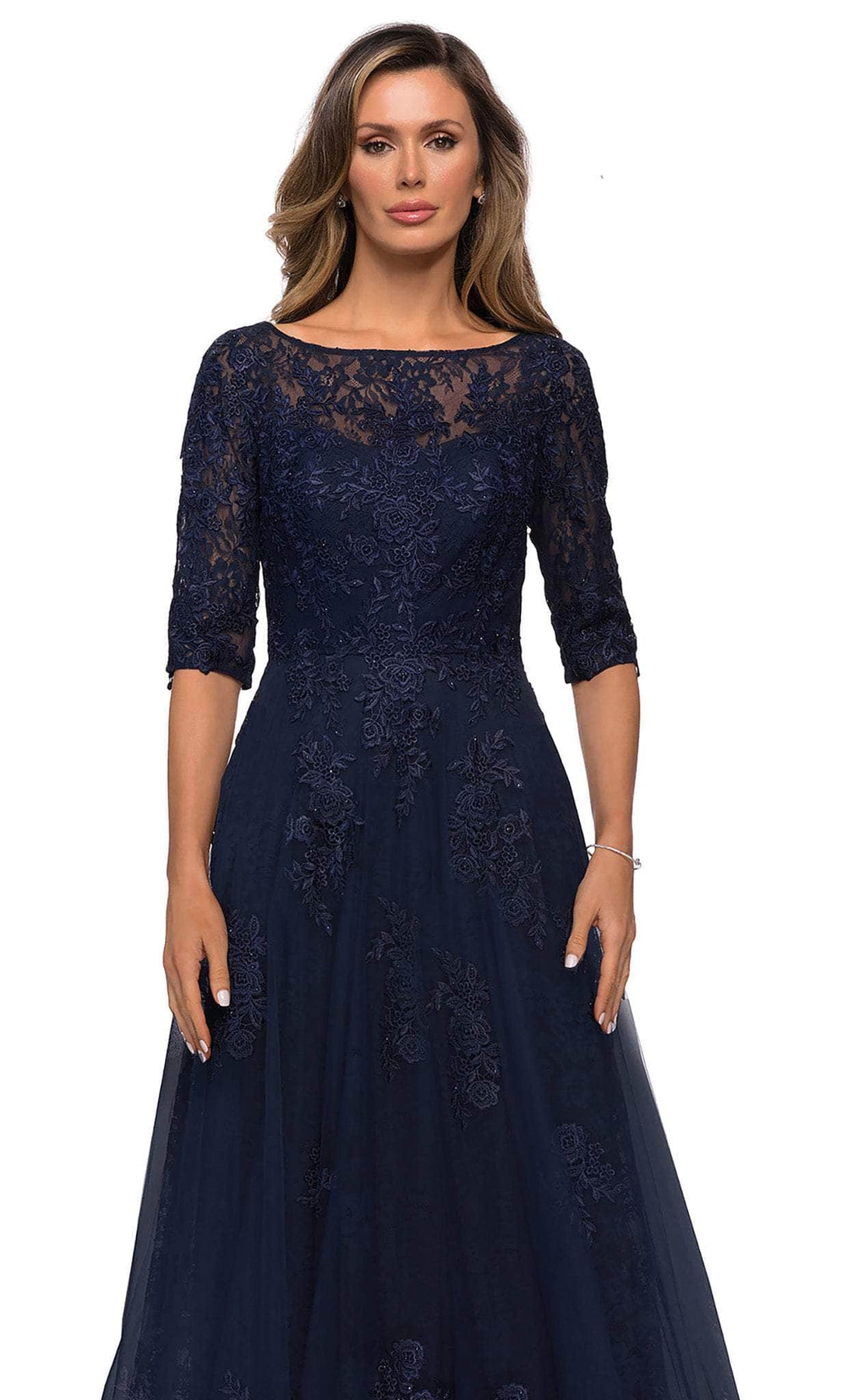 La Femme - 28036 Quarter Length Sleeve Floral Lace A-Line Gown Mother of the Bride Dresses