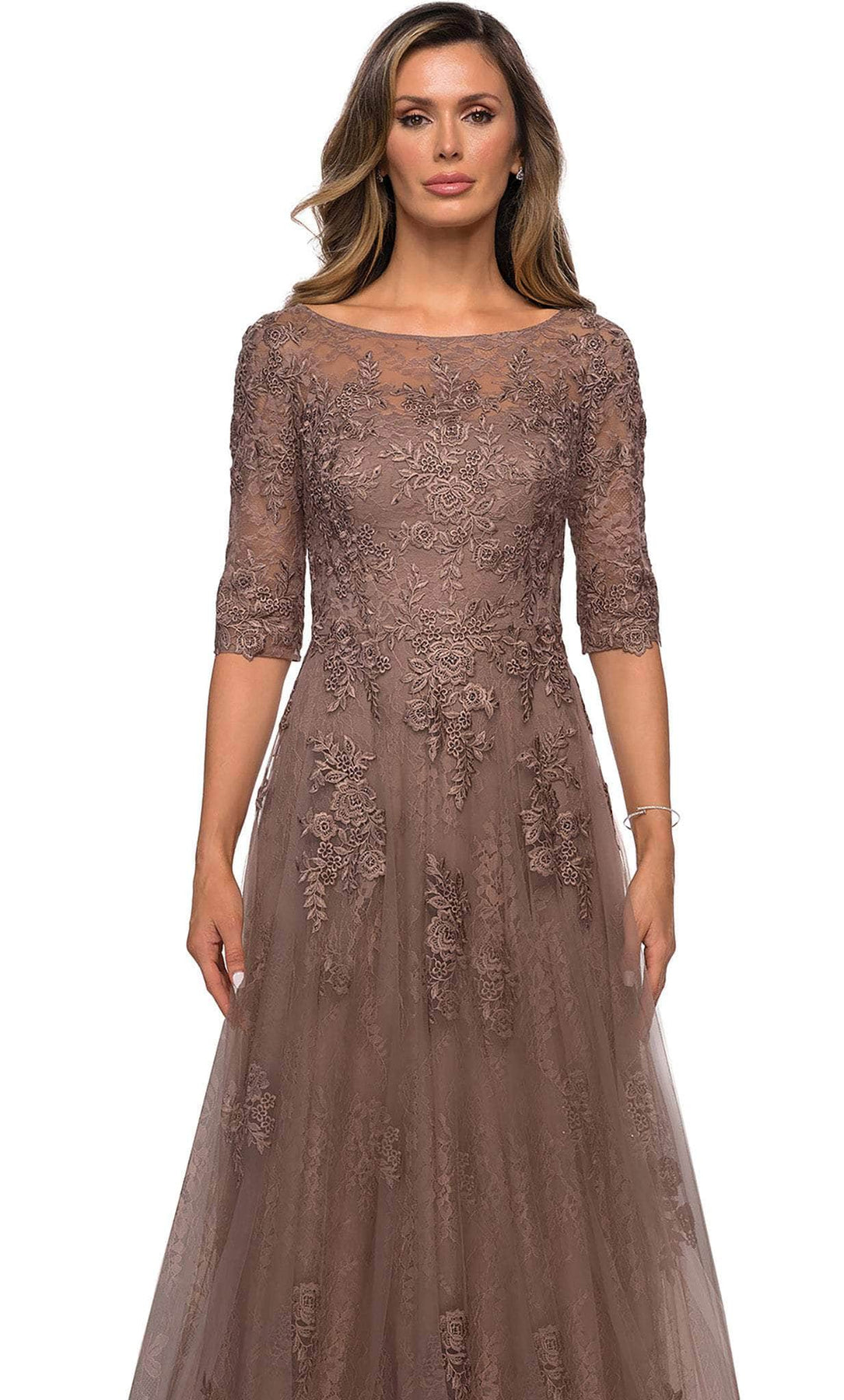 La Femme - 28036 Quarter Length Sleeve Floral Lace A-Line Gown Mother of the Bride Dresses