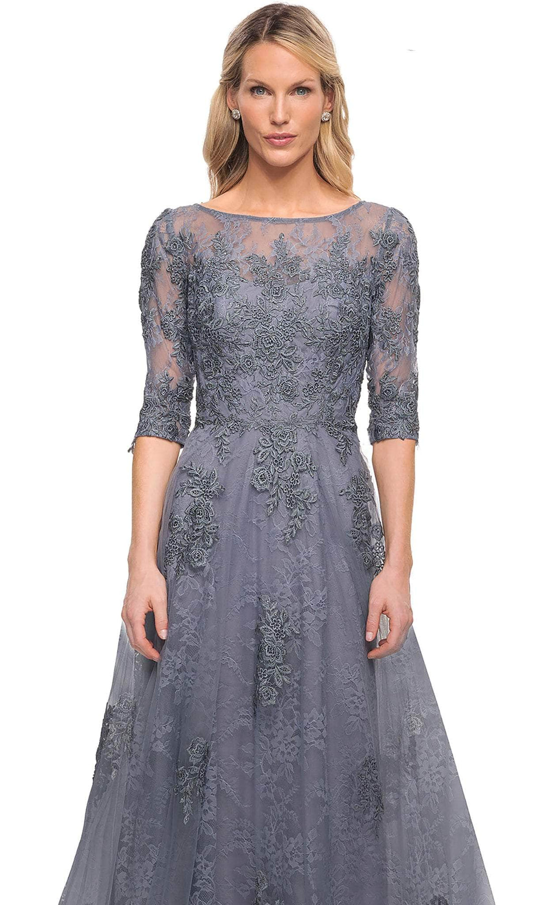 La Femme - 28036 Quarter Length Sleeve Floral Lace A-Line Gown Mother of the Bride Dresses