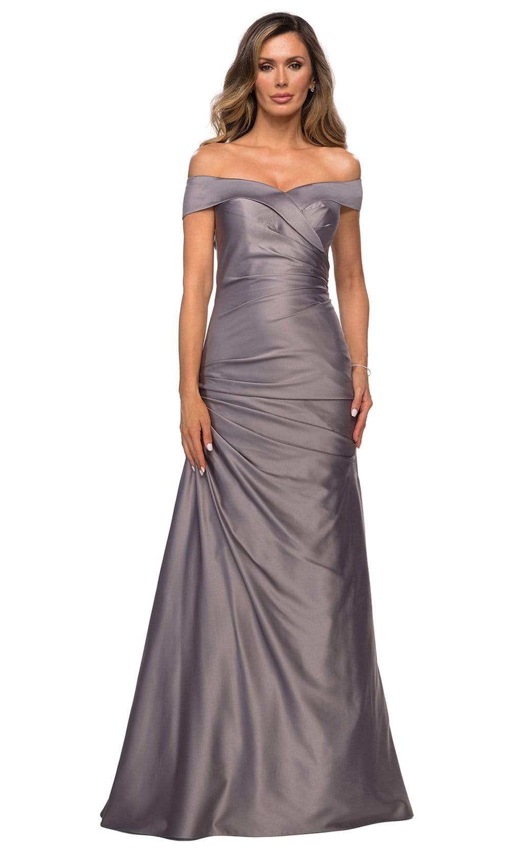 La Femme - 28103 Off Shoulder Pleated Satin Evening Gown Mother of the Bride Dresses 2 / Platinum